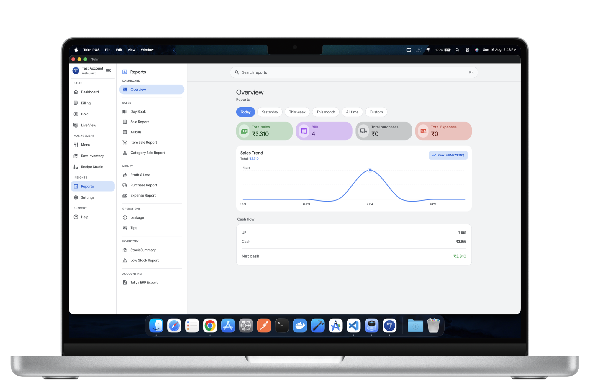 The Tokn reports overview on a laptop: total sales, bills, purchases and expenses for the day, a sales trend chart and the cash flow split