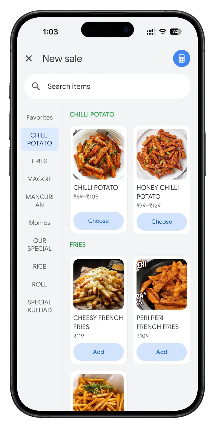 Tokn on a phone: taking a new order from the menu with item photos